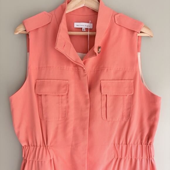 Matison Stone Tencel Button Up Utility Shirt Dress 10 Pocket Lined Coral Peach - Picture 2 of 16
